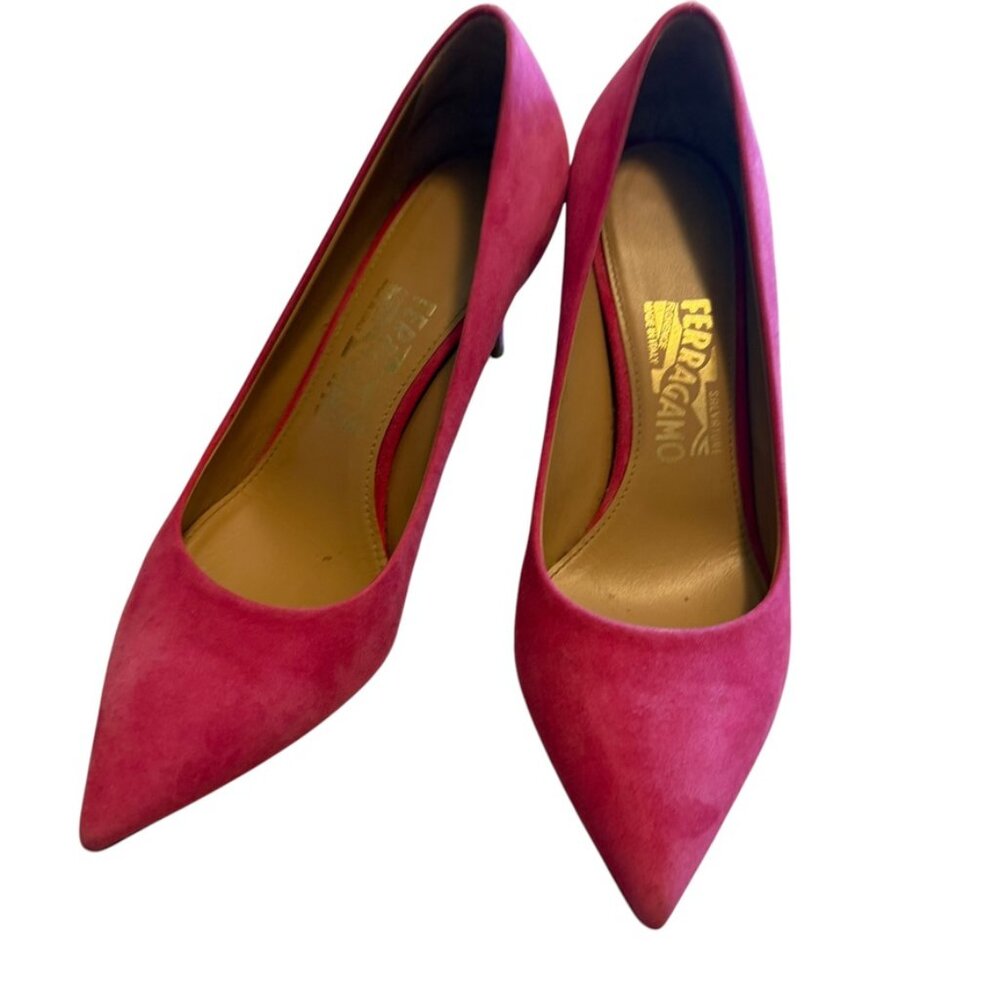 Salvatore Ferragamo Hot Pink 🔥 Suede Pumps Size 7.5 Kitten Heel Pointy toe - Picture 11 of 16
